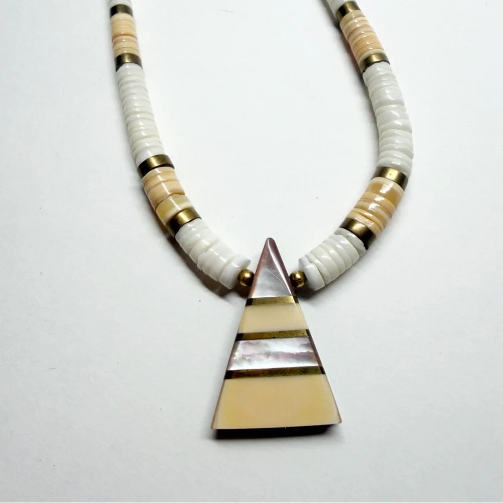Vintage Puka Shell Abalone Inlay Triangle Pendant Necklace